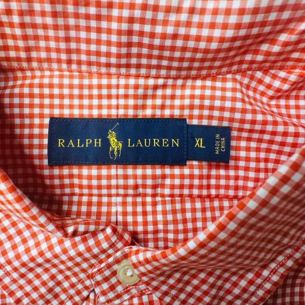 Ralph Lauren Shirt Mens XL Short Sleeve Gingham Orange White Button Down Pony - Picture 4 of 11